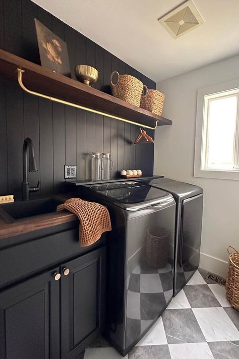 18 Laundry Room Ideas You'll Love - Remodr Laundry Rooms With Black Appliances, Black Wall Laundry Room, Laundry Room Ideas Black, Dark Moody Laundry Room, Art Deco Laundry Room, Moody Laundry Room, Aesthetic Laundry Room, Laundry Room Aesthetic, Black Laundry Room