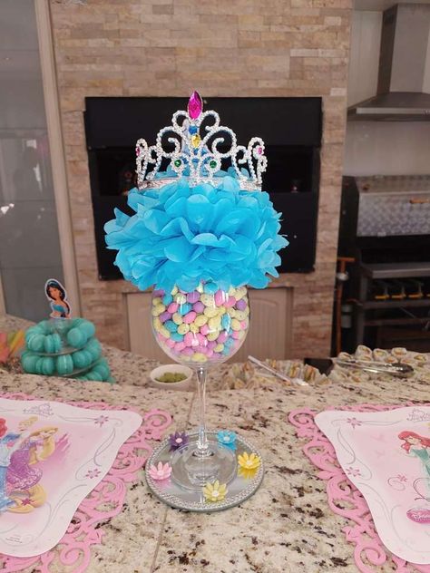 Disney Princess | CatchMyParty.com Princess Party Table Centerpieces, Disney Princess Centerpieces Diy, Princess Centerpiece Ideas, Princess Centerpieces Diy, Disney Princess Birthday Party Ideas, Disney Princess Centerpieces, Birthday Disney Princess, Disney Centerpieces, Frozen 3rd Birthday