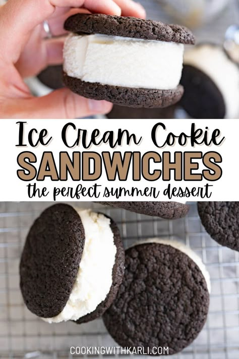 Nothing screams summer quite like an ice cream cookie sandwich. And this homemade version is quite literally unbeatable. Ice cream sandwich cookies are summer epitomized! Perfect for barefoot, backyard evenings, front porch chats, lazy walks around the neighborhood, firework picnics, and so on – your love for ice cream cookies is going to be so much more than a summer fling. | how to make ice cream sandwiches | homemade ice cream sandwiches | ice cream sandwiches at home | summer desserts Sugar Cookie Ice Cream Sandwich, Ice Cream Sandwich Cookies, Ice Cream Cookie Sandwich Recipe, Homemade Ice Cream Sandwiches, Ice Cream Sandwiches Recipe, Cookie Sandwich, Classic Cookies Recipes, Cookie Sandwiches, Oreo Ice Cream