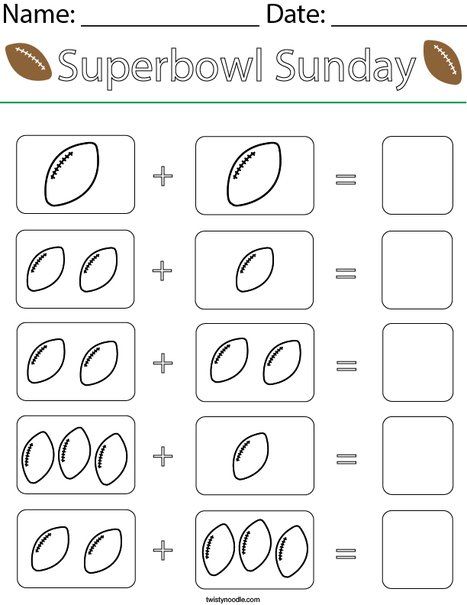 Add the Footballs Math Worksheet - Twisty Noodle Preschool Super Bowl Activities, Football Lesson Plans Preschool, Football Worksheets Preschool, Football Worksheets For Kids, Pre K Football Activities, Football Math Activities Preschool, Football Worksheets, Pre K Math Worksheets, Pre K Math