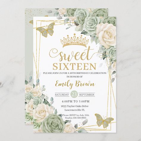 Sage Green 16th Birthday Party, Gold Sweet 16, Sage Green Floral, Sweet 16 Invitations, 16th Birthday Party, 16th Birthday, Quinceanera, Sweet 16, Birthday Ideas