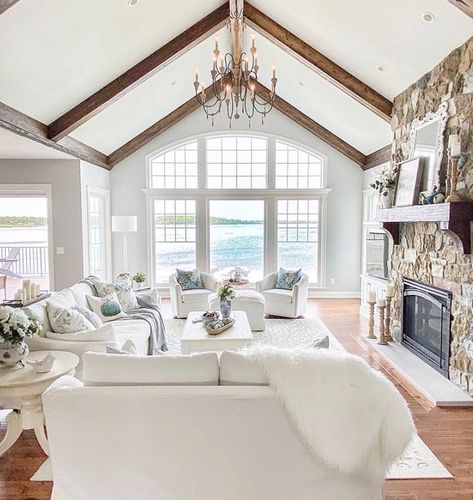 Coastal Great Room, Elegant French Farmhouse, Wood Flooring Ideas, Vaulted Ceiling Ideas, Coastal Interior Design, Vaulted Ceiling Living Room, Patio Installation, White Sectional, Coastal Interior