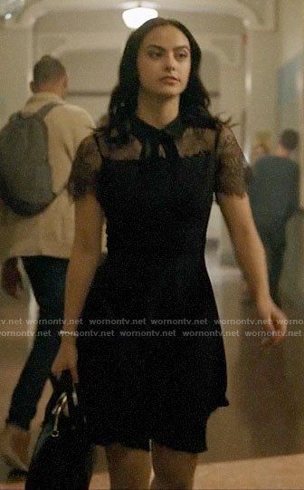 Veronica’s black lace tie neck dress on Riverdale.  Outfit Details: https://wornontv.net/173738/ #Riverdale Veronica Lodge Fashion, Riverdale Style, Veronica Lodge Riverdale, Veronica Lodge Outfits, Riverdale Outfits, 6th Form Outfits, Riverdale Veronica, Riverdale Fashion, Camilla Mendes