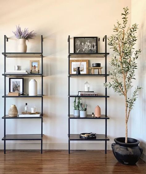 Vittsjo Entryway, Cube Shelves Decor, Olive Tree Living Room, Styling Shelf, Shelves Around Tv, Leaning Bookshelf, Ikea Vittsjo, Tree Living Room, Austin Apartment