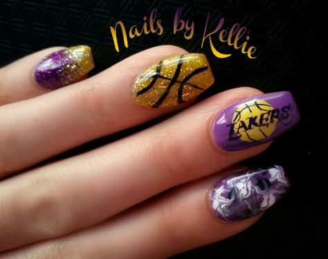 #LA #Lakers #nails Lakers Nail Designs, Nba Nails, Laker Nails, Lakers Nails, Basketball Nails, Basketball Bag, Beauty Hacks Nails, Peinados Fáciles Para Cabello Corto, Nail Styles