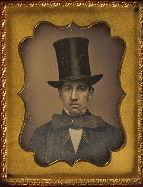 ca. 1855, [daguerreotype portrait of a frowning gentleman with a seemingly over-sized top hat and bowtie], Addison Fish via Harvard University, Houghton Library, Department of Printing and Graphic Arts, Harrison D. Horblit Collection of Early Photography Earliest Photographs, Victorian Men, Victorian Man, Antique Photography, Old Photography, Old Photographs, Retro Photo, Large Bow, Vintage Portraits