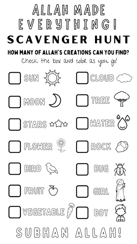 Allah Made Everything! Scavenger Hunt for Muslims | Homeschooling Islamic Schools Coloring Page Acitivity Muslim Kids Crafts, Islamic School, Islamic Books For Kids, Muslim Kids Activities, Islamic Kids Activities, Homeschool Preschool Activities, Ramadan Kids, Ramadan Activities, Parenting Knowledge