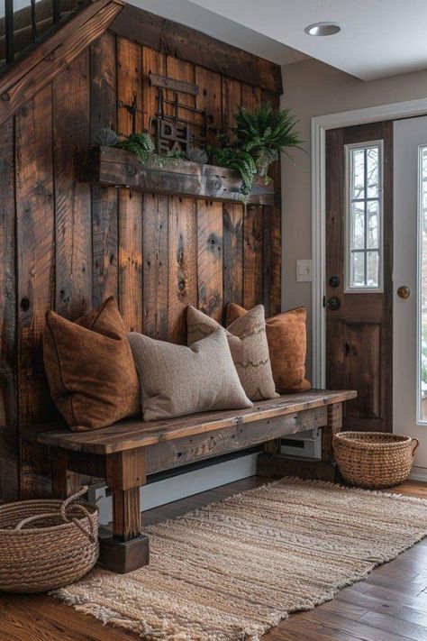 Sewn Pillows, House Flip, Mudroom Design, Rustic Home Design, House Decor Rustic, Metal Planters, Wooden Bench, Jute Rug, Cabin Decor