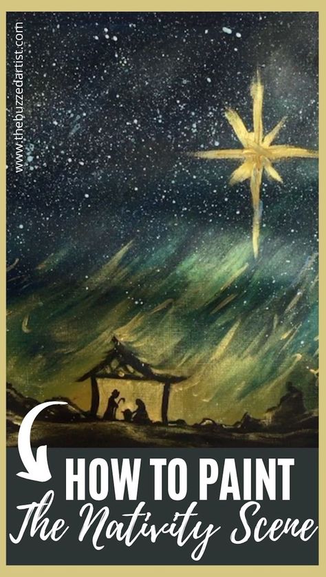 Learn how to paint the Nativity scene in this easy step-by-step acrylic painting tutorial. Paint the Nativity silhouetted against the vast sky of Bethlehem, with the big star serving as a guide for all to see the newborn king. Christmas Scenes To Paint Easy, Easy To Paint Nativity Scene, Starry Night Nativity Scene, Painting A Nativity Scene, Christmas Painting On Canvas Easy, Easy Holiday Painting Ideas On Canvas, Nativity Painting For Kids, Easy Nativity Paintings On Canvas, Star Of Bethlehem Painting