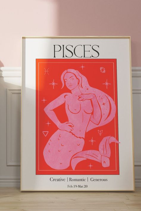 Retro Zodiac Goddess Art Print, Retro Sun Sign Wall Art, Sun sign birthday gift, Astrology Wall Art, Zodiac Woman decor, Zodiac Home Decor,Retro Wall Art, Pisces Wall art, Pisces Art Print, Pisces Art Poster, Printable Wall Art, Pisces Birthday Art, Pisces Birthday Gift, Pisces Sun Sign Zodiac Goddess Art, Zodiac Goddess, Pisces Sun Sign, Retro Zodiac, Pisces Art, Red Pink Color, Pisces Birthday, Pisces Astrology, Pisces Sun