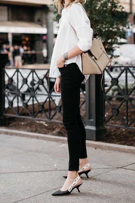 Fashion Jackson White Collared Shirt Black Skinny Jeans Celine Mini Belt Bag Dior Black Slingbacks Dior Slingback Heels Outfit, Dior Heels Outfit, Dior Slingback Outfit, Dior Slingback Heels, Dior Slingbacks, Dior Shoes Outfit, Dior Slingback, Celine Mini Belt Bag, Black Heels Outfit