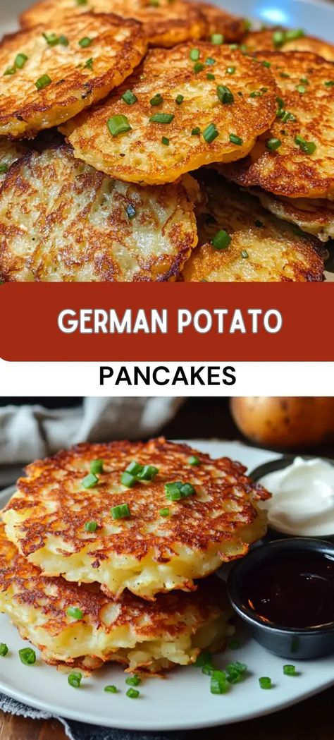 German Potato Pancakes German Potato Pancakes Authentic, Potato Pancakes Recipe, German Breakfast, German Potato Pancakes, Chicken Batter, Food Authentic, German Dishes, Potatoe Pancake Recipe, German Foods