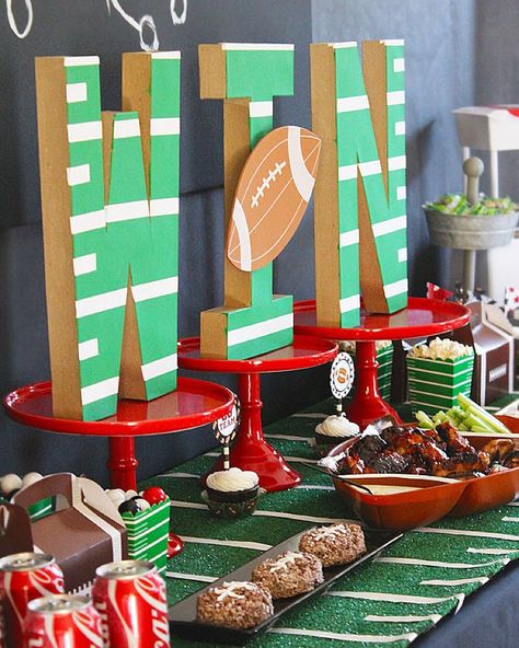 Score a touchdown and kickoff the Football Season with  Americana Acrylics #decoartprojects #americana Football Themed Birthday Party, Kick Off Football, Football Centerpieces, Football Themed Party, Superbowl Party Decorations, Football Banquet, Football Party Decorations, Sports Party Decorations, Football Theme Party