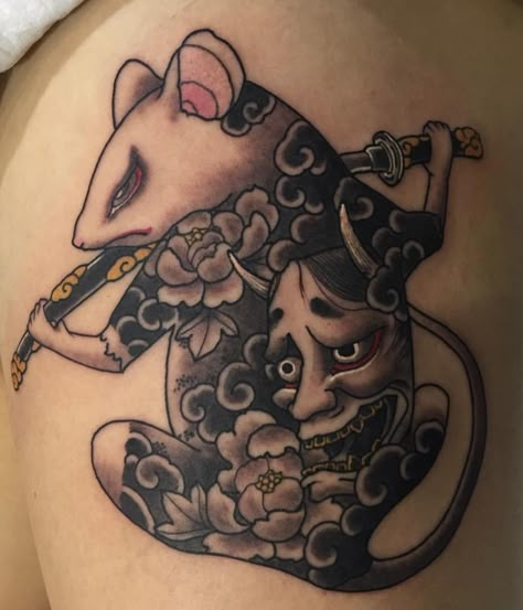 Japanese Leg Tattoo, Tattoos Men Leg, Rat Tattoo, Art Tattoos Men, Mouse Tattoos, Character Tattoos, Yakuza Tattoo, Tattoo Japanese, Wicked Tattoos