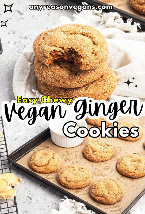 These vegan ginger Christmas cookies are so easy, theyre vegan and perfect for the holidays. These are perfectly sweet and chewy vegan ginger cookies. Ginger Cookies Vegan, Vegan Cookie Recipes Easy, Vegan Ginger Snaps, Vegan Pecan Cookies, Best Vegan Christmas Cookies, Vegan Fall Cookies, Easy Vegan Christmas Cookies, Paleo Ginger Cookies, Christmas Cookies Vegan