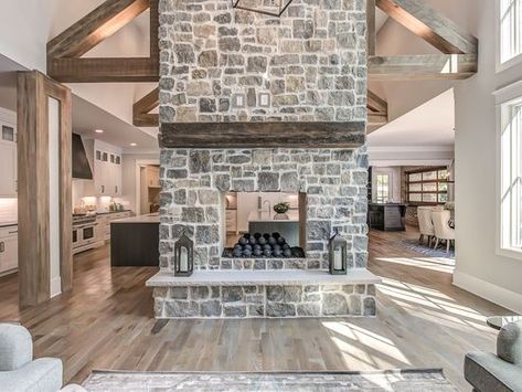 Pass Through Fireplace, Through Fireplace, Modern Rustic Living Room, Barn Kitchen, Real Estate Photos, Building Plans House, House Construction Plan, Lakefront Homes, Cabin Design