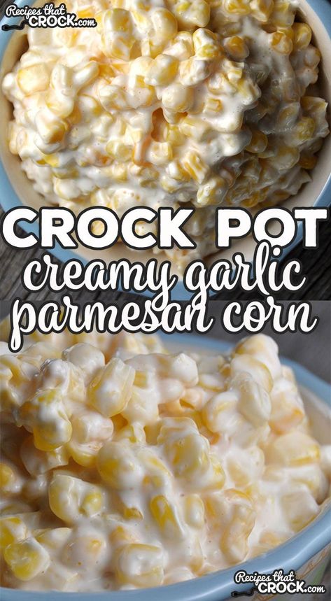 The flavor of this super easy Creamy Crock Pot Garlic Parmesan Corn is so good no one will believe you when you reveal to them the secret ingredient! Garlic Parmesan Corn, Parmesan Corn, Garlic Corn, Cornbread Cake, Corn Dishes, Parmesan Recipes, Crockpot Dishes, Potato Cakes, Corn Recipes