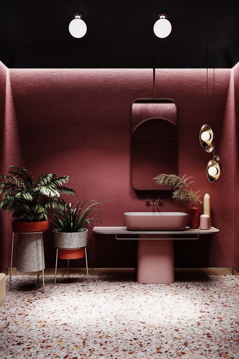 - Mitte - bathroom - on Behance Dark Pink Interior, Dark Pink Bathroom Walls, Dark Pink Bathroom Ideas, Dark Pink Walls, Bordeaux Bathroom, Dark Pink Bathroom, Contrast Bathroom, Bathroom Behance, Pink Sink