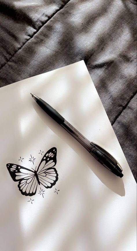 Ink pen drawing Small Pen Drawings, Butterfly Pen Drawing, Simple Pen Sketches, Easy Pen Drawing, Easy Butterfly Drawing, Cute Easy Paintings, Butterfly Sketch, Pen Drawings, Simple Aesthetic