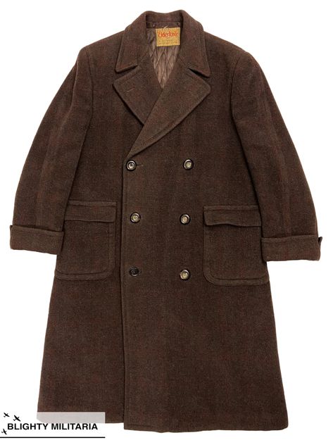 An original 1940s men's overcoat with the 'Eiderluxe' label. These Eiderluxe coats are a high quality coat made from a deep pile wool and feature a quilted liner stuffed with eiderdown - hence the name. They were sold to a variety of gentleman's outfitters across the UK with this example being sold by 'Harry Tombs' of Scunthorpe. See my stories for a period advert from a different outfitters selling Eiderluxe coats. Available now at www.blightymilitaria.com Men's Overcoat, Vintage Overcoat, Brown Overcoat, Long Coat Men, Double Breasted Overcoat, Mens Wool Coats, Overcoat Men, Mens Overcoat, 1950s Mens