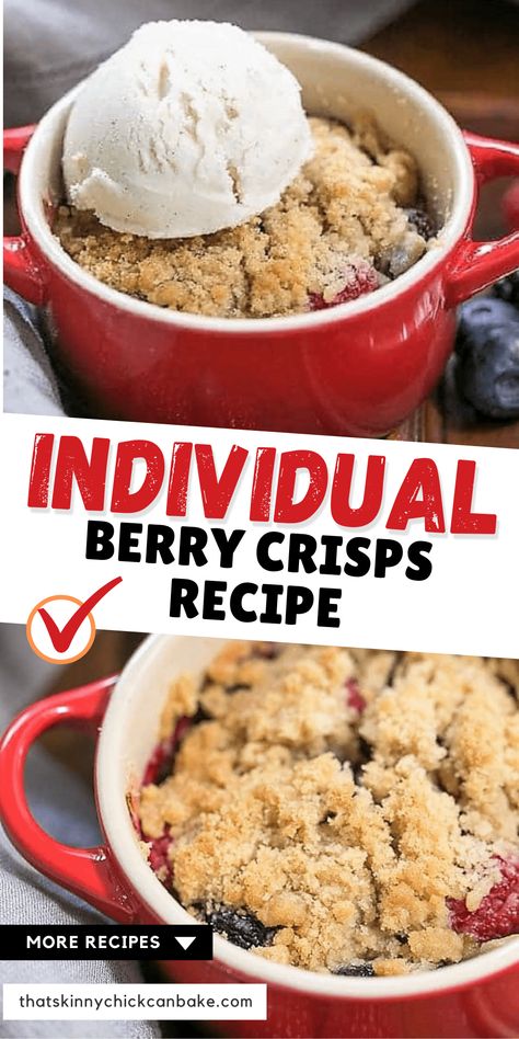 Berry Crisp For Two, Individual Berry Crisp, Mini Berry Desserts, Individual Berry Cobbler, Individual Blueberry Crisp, Frozen Berry Recipes, Fresh Berries Dessert, Cocotte Recipes, Mixed Berry Dessert