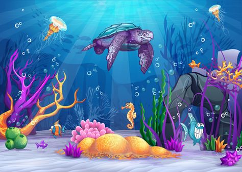 Cartoon Underwater World vectors 01 Underwater Cartoon, Birthday Backdrops, Backdrops For Photography, Fauna Marina, Undersea World, Cartoon Fish, Under The Sea Party, Free Art Prints, Web Graphic Design