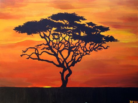 Very beautiful Savanna Tree, Illustration Guide, Tree Umbrella, Africa Trees, African Images, Africa Tattoos, Sunset Landscape Painting, African Tree, Random Person