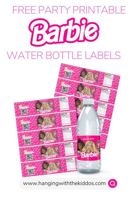 Free Barbie Party Printable Water Bottle Labels Barbie Labels Free Printables, Barbie Birthday Party Games Free Printable, Barbie Party Printables Free, Barbie Water Bottle Labels Free, Barbie Bingo Free Printable, Barbie Party Printables, Barbie 10th Birthday Party, Free Barbie Printables, Barbie Stickers Printable