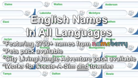 Mod The Sims - English Names In All Languages Sims 4 Names, Los Sims 4 Mods, English Names, Cc Packs, Ts4 Mods, Sims4 Clothes, All Languages, Cc Sims, Ts4 Cc