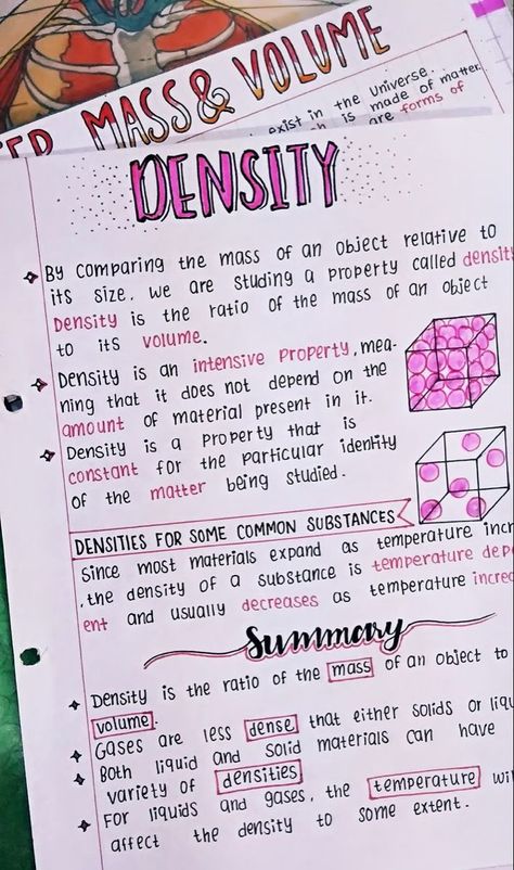 Cute Notes Ideas For School Science, Motion Notes Physics Class 9 Aesthetic, Aesthetic Notes Inspo Science, Density Notes, Asthetic Notes For School, Science Notes Ideas, Aesthetic Science Notes, Physics Notes Aesthetic, Chemistry Notes Aesthetic