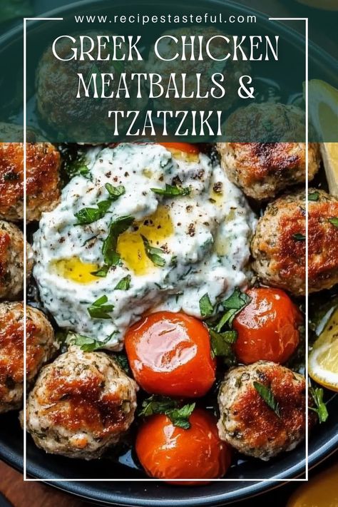 Delight in these Mediterranean-inspired Greek chicken meatballs, perfectly paired with a creamy homemade tzatziki. Ideal for salads, pita wraps, or as a standalone appetizer! Greek Chicken Meatballs, Pita Wraps, Greek Meatballs Recipe, Chicken Meatballs Healthy, Greek Appetizers, Greek Dinners, Homemade Tzatziki Sauce, Greek Meatballs, Chicken Meatball Recipes