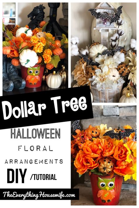 Dollar Tree Halloween Floral Arrangements - the everything housewife Halloween Arrangements Ideas, Dollar Tree Halloween Flower Arrangements, Halloween Floral Arrangements Diy, Dollar Tree Skull Topiary, Floral Arrangements Diy Tutorials, Dollar Tree Dollhouse Halloween, Dollar Tree Skeleton Fairy, Dollar Store Doll House Halloween, Halloween Flower Arrangements