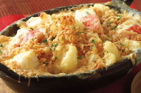 Seafood and Cauliflower Gratin Seafood Gratin, Crab Louis, Cauliflower Butter, Creamy Seafood, Cauliflower Gratin, Butter Milk, Crab Recipes, Artichoke Dip, Super Bowl Food