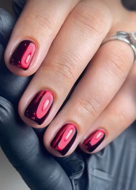 Black With Red Chrome Nails, Black Red Chrome Nails, Red Black Chrome Nails, Red Mirror Nails, Red Glass Nails, Black Chrome Nails, Red Chrome Nails, Winds Of Winter, Christmas Nails Winter