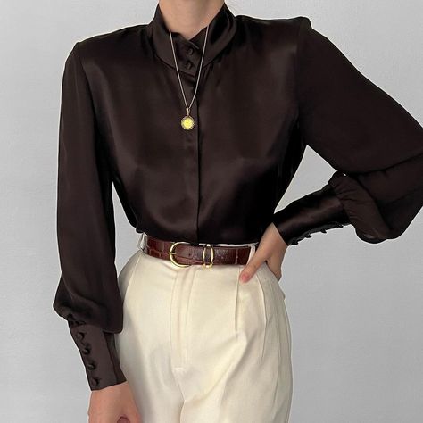 Deux Birds, Bishop Sleeve, Silk Charmeuse, Band Collar, Silk Top, Covered Buttons, Pure Silk, Espresso, Women's Fashion