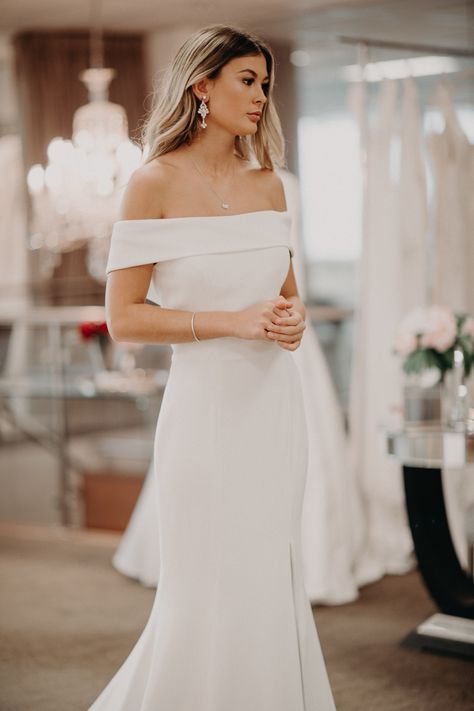 Bardot Neckline Wedding Dress, Wedding Dresses For Body Types, Bardot Wedding Dress, Marry That Girl, Neckline Wedding Dress, Dress Body Type, Crepe Wedding Dress, Civil Wedding Dresses, Skirts Long