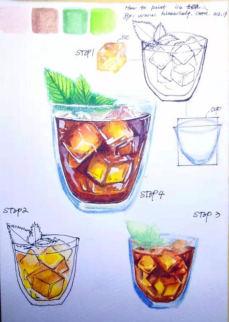 Ice Cube Drawing, Tea Signs, Watercolor Step By Step, Water Paints, Watercolor Food Illustration, Food Art Painting, Step By Step Watercolor, Sketchbook Inspo, Food Sketch