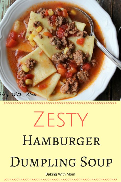 Zesty Dumpling Soup tomatoes, hamburgers, dumplings. Crock Pot soup recipe. Soup With Tomatoes, Chilli Soup, Beef Dumplings, Dumpling Soup, Soup Broth, Dumplings For Soup, Crockpot Soup Recipes, Crock Pot Soup, Hot Soup