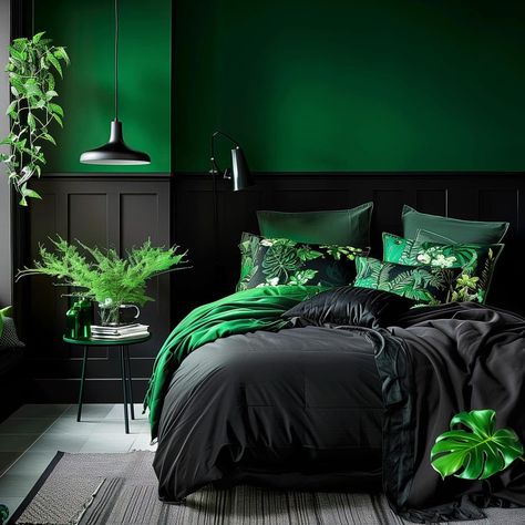 black_and_green_bedroom 2 Green And Black Room Ideas Bedroom, Black Green Bedroom, Black And Green Bedroom Ideas, Emerald Green Bedroom Ideas, Black And Green Bedroom, Dark Modern Interior, Dopamine Decorating, Emerald Bedroom, Black Velvet Bed