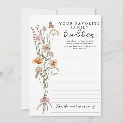 $2.98 | Wildflower Baby Shower Family Traditions Card - baby shower game, wildflower baby shower theme, nature, floral, spring, baby girl, summer, outdoor botanical, baby in bloom, boho Vintage Flower Baby Shower Ideas, Family Traditions Baby Shower Game, Baby Shower Ideas Wildflower, A Little Wildflower Baby Shower Theme, Wildflowers Baby Shower Theme, Wildflower Baby Shower Games, A Wildflower Is On The Way, Wildflower Baby Shower Theme Decor, Baby In Bloom Games