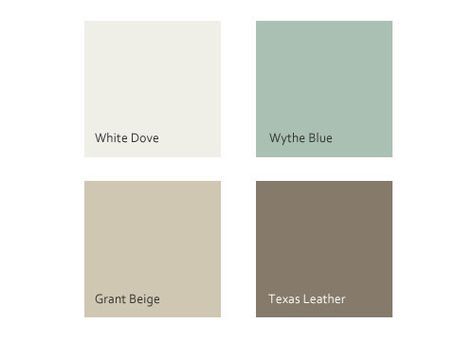 Benjamin Moore's White Dove, Wythe Blue, Grant Beige & Texas Leather Wythe Blue, Grant Beige, Cabin Decorating, Interior Paint Colors Schemes, Retail Ideas, Benjamin Moore White, Addition Ideas, Paint Colors Benjamin Moore, Benjamin Moore Paint