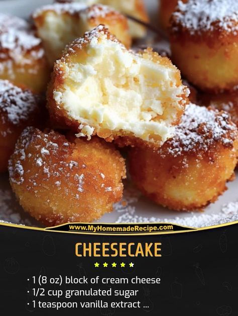 Paolina Kitchen Deep Fried Cheesecake Bites, Fried Cheesecake Bites, Deep Fried Cheesecake, Fried Cheesecake, Cheesecake Ingredients, Baked Fruit, Cheesecake Bites, Family Cookbook, Mini Desserts