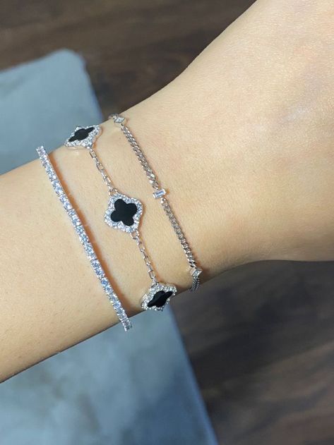 Silver Jewellery Aesthetic Bracelets, Girly Jewelry Bracelets, Van Cleef Diamond Bracelet, Designer Bracelet Stack Silver, Van Cleef Arpels Bracelet Silver, Silver Clover Bracelet, Clover Bracelet Silver, Van Cleef Arpels Silver, Silver Van Cleef Bracelet