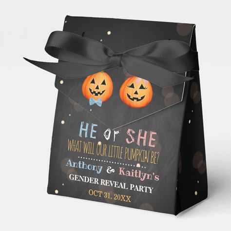 Halloween Pumpkin Gender Reveal Party Favor Boxes Pumpkin Gender Reveal Party, Halloween Gender Reveal Party, Pumpkin Gender Reveal, Gender Reveal Party Favors, Halloween Gender Reveal, Trendy Halloween, Party Favor Boxes, Halloween Invitations, Baby Shower Signs