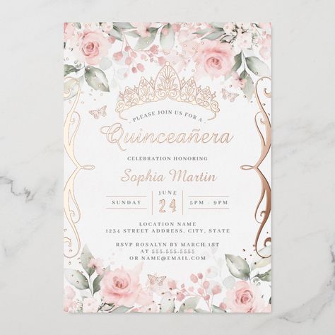 More Pretty Quinceanera Party Invitations in the Little Bayleigh Store! Pink And Gold Invitation Quinceanera, Pink And Gold Quinceanera Invitations, Blush Pink Quinceanera Invitations, Quince Invitations Rose Gold, 15 Invitations Ideas Pink, Quince Ideas Themes Pink, Blush Pink Quinceanera Decorations, Pink Quince Invites, Pink Invitations Quinceanera