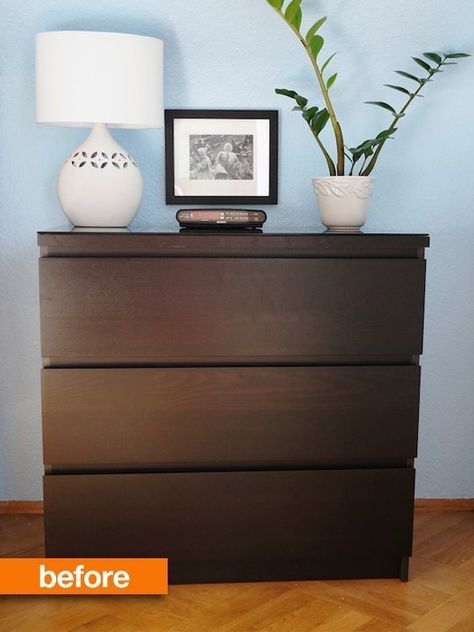 The Magical MALM: 7 Real-Life Before & After Projects Ikea Malm Dark Brown, Ikea Malm 3 Drawer Dresser Hack, Commode Malm Ikea, Bedroom Calm, Ikea Malm Nightstand, Malm Hack, Ikea Dresser Makeover, Malm Drawers, Ikea Malm Dresser