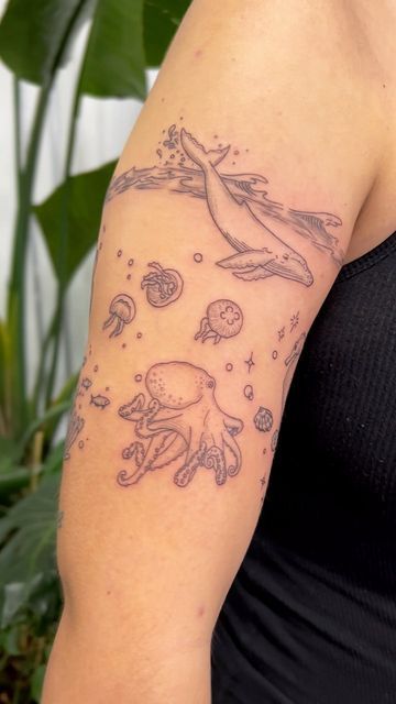 Sea Animal Patchwork Tattoo, Ocean Hand Tattoos For Women, Scenery Tattoo Women, Sea And Space Tattoo, Underwater Scene Tattoo, Cute Sea Animal Tattoos, Sea Life Tattoo Ideas, Epaulette Shark Tattoo, Fine Line Sea Animal Tattoos