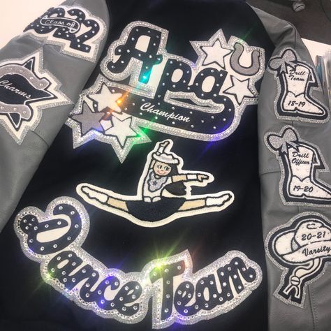 Dance Team Jackets, Cheer Letterman Jacket Ideas, Dance Jackets Team, Cheer Letterman Jacket, Dance Letterman Jacket, High School Letterman Jacket, Letterman Jacket Ideas, Cheer Jackets, Letterman Jacket Patches