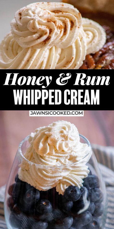 Take your pies, cobblers and sundaes to the next level with my easy Alcohol Infused Honey & Rum Whipped Cream! So much better than store bought, and ready to go in a matter of minutes! Alcoholic Whipped Cream, Rum Desserts, Boozy Baking, Infused Honey, Alcoholic Desserts, Rum Cream, Recipes With Whipping Cream, Fruit Crumble, Lime Cheesecake