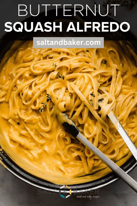 Indulge in creamy Butternut Squash Alfredo, a comforting pasta dish that's velvety and flavorful. With a savory twist of sautéed red onion, garlic, and fresh thyme, this recipe is a must-try for any food lover. Top it off with maple-glazed bacon for the perfect sweet and savory balance. #ButternutSquashAlfredo #CreamyPasta #ComfortFood #HomemadeDinner #MapleBacon #DeliciousRecipes Butternut Squash Alfredo, Squash Alfredo, Pasta Salad With Spinach, Fall Pasta, Creamy Butternut Squash, Butternut Squash Pasta, Salad Dishes, Butternut Squash Recipes, Pasta Salads